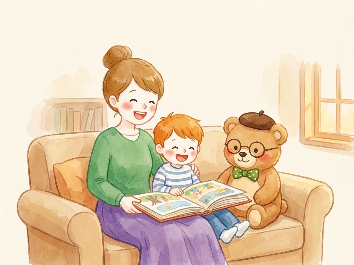 ママと男の子が絵本を読んで笑っている。となりにくま先生のぬいぐるみ