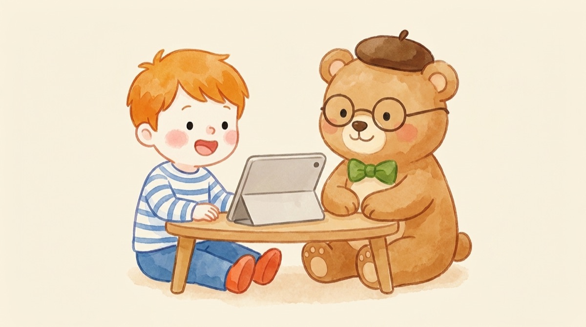 タブレットに向かって英語で話している男の子と、となりで見守るくま先生のイラスト