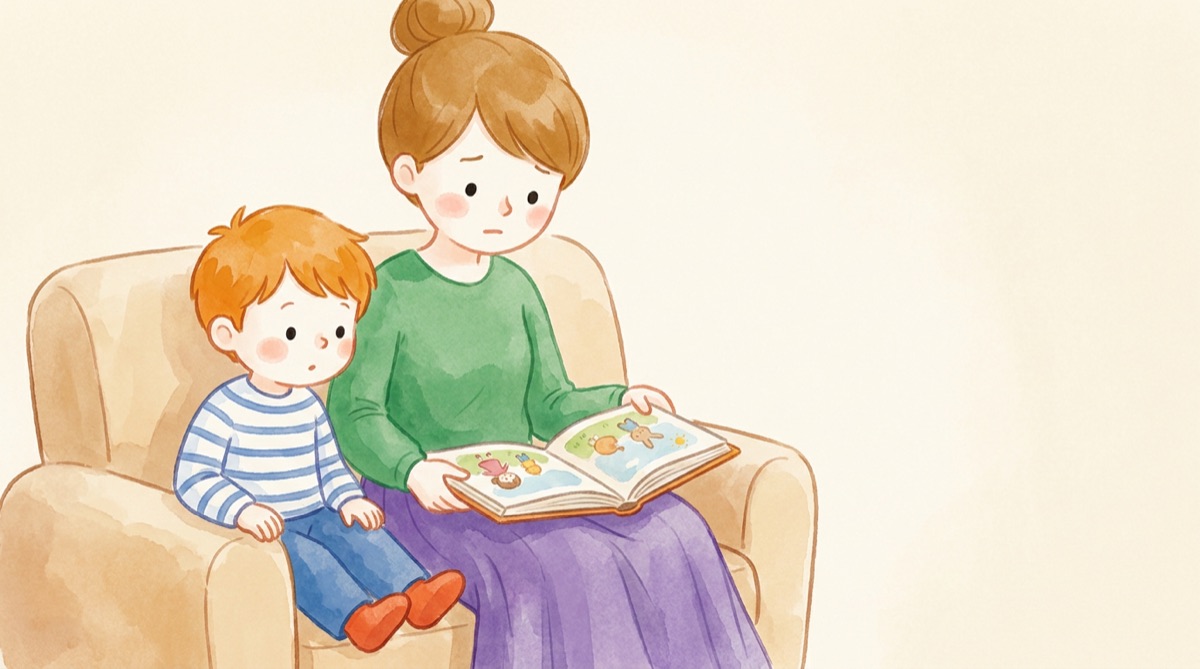絵本を開いて、少し不安そうな顔でとなりの子どもと座っているママのイラスト