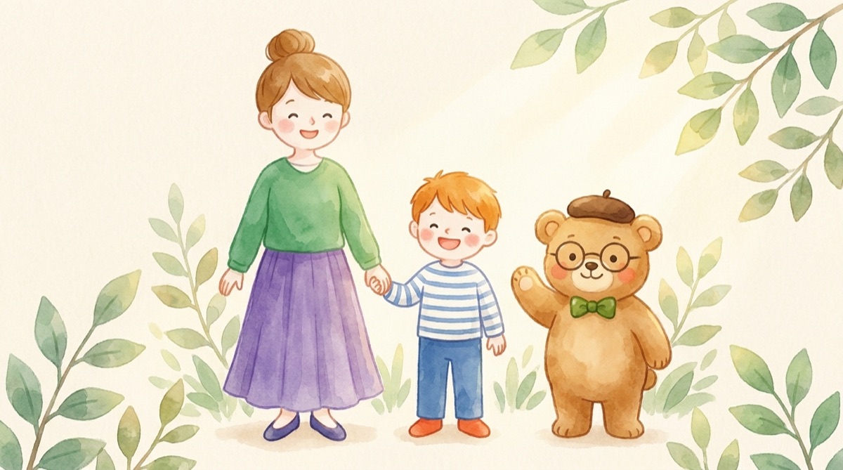 手をつないで笑うママと男の子、となりで手をふるくま先生のイラスト
