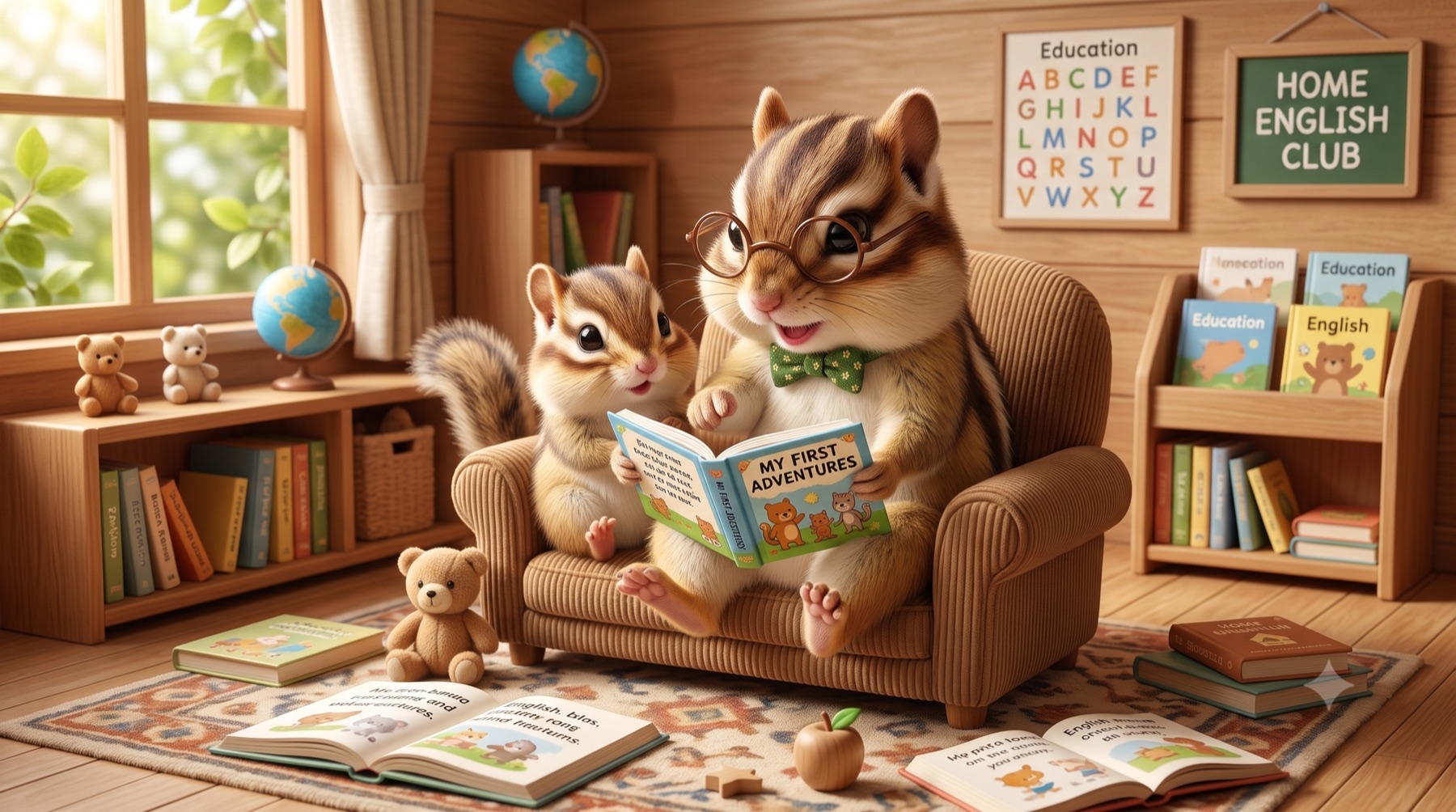 絵本を読み聞かせるリスの親子